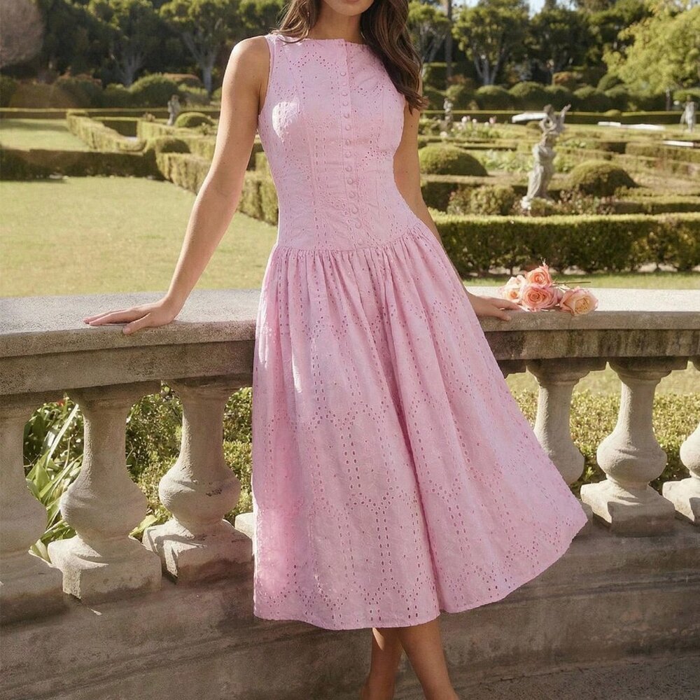 Baby Pink Elegant Women's Floral Embroidered Sleeveless Long Dress